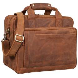 STILORD 'Excelsior' Schultasche Leder Herren Damen Lehrertasche Aktentasche Büro Schulter- und Umhängetasche für Laptop Dreifachtrenner Echt Leder Vintage, Farbe:tan - Dunkelbraun von STILORD