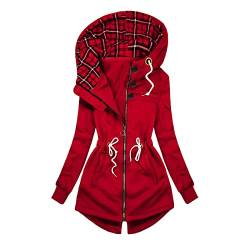 Damen Mode Casual Kapuze Solid Zipper Pocket Strap Sweatshirt Jacke Mantel Hoodie Damen Pullover, rot, 46 von STKOOBQ