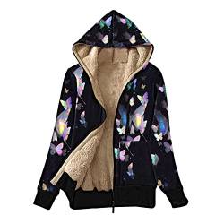 Senior Jacke Damen Mantel Schmetterlinge Print Trendy Fleece Gefüttert Hoodie Winter Sweatshirt Jacke Mantel mit Seitentaschen, blau, 36 von STKOOBQ