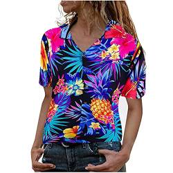 STPT Funky Hawaiibluse Hawaiihemd Damen Kurzarm Fronttasche Hawaii-Print Kleine Blumen Kurzarm Einreiher Hemden mit Umlegekragen Freizeithemden, Blau, L von STPT