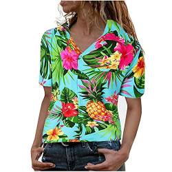 STPT Funky Hawaiibluse Hawaiihemd Damen Kurzarm Fronttasche Hawaii-Print Kleine Blumen Kurzarm Einreiher Hemden mit Umlegekragen Freizeithemden, Grün, L von STPT