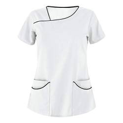 STPT Kasack Damen Einfarbig T-Shirts Pflege große größen Schlupfkasack mit Taschen Kurzarm Unregelmäßiger V-Ausschnitt Schlupfhemd mit Kragen Berufskleidung Krankenpfleger Uniformen, 3XL, White-b von STPT