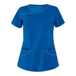STPT Kasack Damen Einfarbig T-Shirts Pflege große größen Schlupfkasack mit Taschen Kurzarm Unregelmäßiger V-Ausschnitt Schlupfhemd mit Kragen Berufskleidung Krankenpfleger Uniformen, Blau von STPT