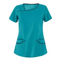 STPT Kasack Damen Einfarbig T-Shirts Pflege große größen Schlupfkasack mit Taschen Kurzarm Unregelmäßiger V-Ausschnitt Schlupfhemd mit Kragen Berufskleidung Krankenpfleger Uniformen, Grün, 3XL von STPT