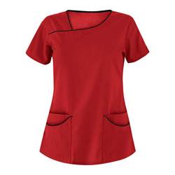 STPT Kasack Damen Einfarbig T-Shirts Pflege große größen Schlupfkasack mit Taschen Kurzarm Unregelmäßiger V-Ausschnitt Schlupfhemd mit Kragen Berufskleidung Krankenpfleger Uniformen, Rot, L von STPT