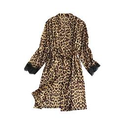 STPT Leopard Sexy Damen Robe Morgenmantel Kurz Kimono Leopardmuster Frauen Satin Bademantel Pyjamas Spitze Cardigan Nachtwäsche Leopardenmuster Damen Reizwäsche Damen Party Pajama von STPT