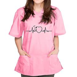 STPT Schlupfhemd Berufskleidung Krankenpflege Uniform T-Shirt Uniformen Arbeitskleidung EKG-Herz Motiv Schlupfkasack Damen Pflege Große Größen Kurzarm V-Ausschnitt kasacks Motiv, 5XL, Rosa von STPT