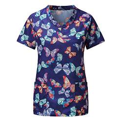 STPT Schlupfhemd Bluse Kurzarm V-Neck Kasack Damen Pflege mit Karikatur Motiv und Taschen Uniform Berufsbekleidung Krankenschwester Kleidung Schlupfkasack Uniformen, M, Multicolor#09 von STPT