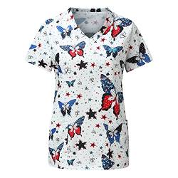 STPT Schlupfhemd Bluse Kurzarm V-Neck Kasack Damen Pflege mit Karikatur Motiv und Taschen Uniform Berufsbekleidung Krankenschwester Kleidung Schlupfkasack Uniformen, S von STPT