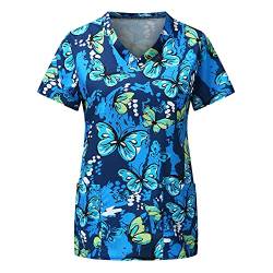 STPT Schlupfhemd Bluse Kurzarm V-Neck Kasack Damen Pflege mit Karikatur Motiv und Taschen Uniform Berufsbekleidung Krankenschwester Kleidung Schlupfkasack Uniformen, XL, Blue#11 von STPT