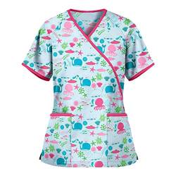 STPT Schlupfhemd Bluse Kurzarm V-Neck Kasack Damen Pflege mit Karikatur Motiv und Taschen Uniform Berufsbekleidung Krankenschwester Kleidung Schlupfkasack Uniformen von STPT