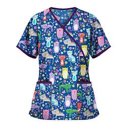 STPT Schlupfhemd Bluse Kurzarm V-Neck Kasack Damen Pflege mit Karikatur Motiv und Taschen Uniform Berufsbekleidung Krankenschwester Kleidung Schlupfkasack Uniformen von STPT