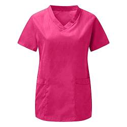 STPT T-Shirts für Damen Schlupfhemd Bluse Kurzarm V-Neck Kasack Damen Pflege mit Karikatur Motiv und Taschen Uniform Berufsbekleidung Krankenschwester Kleidung Schlupfkasack Uniformen, XL, Pink#18 von STPT