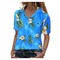 STPT Tops für Damen Funky Hawaiihemd Blusen Fronttasche Blatt Palmendruck Mode Elegant Knopf Casual Top Weißes Hemd Jungen, XL, #1-light Blue von STPT