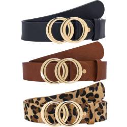 STRSTAR Damen Ledergürtel Kunstleder Gürtel für Jeans Hosen Kleider, Damen Gürtel mit Goldschnalle Mode Doppelring Gürtel, Schwarz / Braun Leopard (3er-Pack), M von STRSTAR