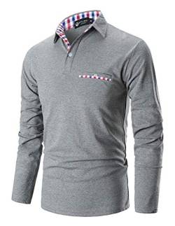 STTLZMC Poloshirt Herren Langarm Basic T-Shirt Freizeit Plaid spleißen Polohemd,Grau,M von STTLZMC