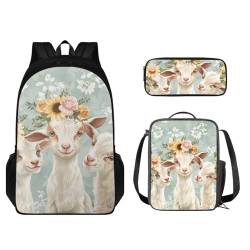 STUOARTE 3-in-1-Rucksack-Set, 43,2 cm, Kinder-Büchertaschen-Set mit Federmäppchen, leichtem Rucksack und Lunchbox-Set für Jungen und Mädchen, Ziegenblume, Weiß und Grün, Einheitsgröße, Schulranzen-Set von STUOARTE