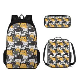 STUOARTE 3-teiliges Kinder-Rucksack-Set, Rucksack und Lunchbox-Set, Schüler-Büchertasche mit Stiftebox, Cartoon-Katze, mehrfarbig, Einheitsgröße, Kinderrucksack von STUOARTE