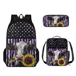 STUOARTE 3-teiliges Kinder-Rucksack-Set, leichtes Büchertaschen-Set mit Lunchbox, Federmäppchen, Jungen und Mädchen, Schulrucksack, Amerikanische Kuh-Sonnenblumen-Flagge, Schwarz und Violett, von STUOARTE