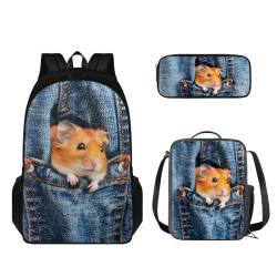 STUOARTE 3-teiliges Kinder-Rucksack-Set, leichtes Büchertaschen-Set mit Lunchbox, Federmäppchen, Jungen und Mädchen, Schulrucksack, Meerschweinchen, Blau und Braun, Einheitsgröße, Kinderrucksack von STUOARTE