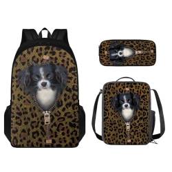 STUOARTE 3-teiliges Kinder-Rucksack-Set, leichtes Büchertaschen-Set mit Lunchbox, Federmäppchen, Jungen und Mädchen, Schulrucksack, Papillon Leopard - Braun, Einheitsgröße, Kinderrucksack von STUOARTE