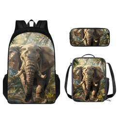 STUOARTE 3-teiliges Rucksack-Set, Kinder-Schultaschen-Set mit Lunchtasche, Federmäppchen, leichte Büchertasche für Jungen und Mädchen, Elefant - Bronze, Einheitsgröße, Kinderrucksack von STUOARTE