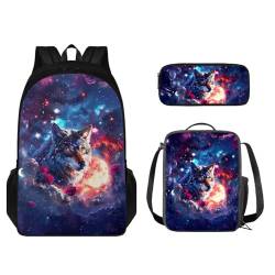 STUOARTE 3-teiliges Rucksack-Set, Kinder-Schultaschen-Set mit Lunchtasche, Federmäppchen, leichte Büchertasche für Jungen und Mädchen, Galaxy Wolf Rose, Blau, Einheitsgröße, Schulranzen-Set von STUOARTE