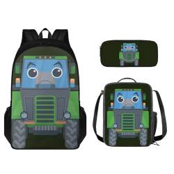 STUOARTE 3-teiliges Rucksack-Set, Kinder-Schultaschen-Set mit Lunchtasche, Federmäppchen, leichte Büchertasche für Jungen und Mädchen, Traktor - Grün, Einheitsgröße, Kinderrucksack von STUOARTE