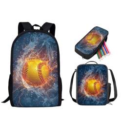 STUOARTE 3-teiliges Rucksack-Set, Vorschule, Grundschulranzen-Set mit Lunchbox und Federmäppchen, leichte Büchertasche für Kinder, Wasser- und Feuer-Softball, Blau, Einheitsgröße von STUOARTE