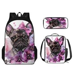 STUOARTE 3-teiliges Schulrucksack-Set mit Lunchtasche und Federmäppchen, niedlicher Schüler-Büchertasche, für Jungen und Mädchen, leichter Rucksack, Französische Bulldogge Blume – Schwarz und Rosa, von STUOARTE