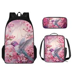 STUOARTE 3-teiliges Schulrucksack-Set mit Lunchtasche und Federmäppchen, niedlicher Schüler-Büchertasche, für Jungen und Mädchen, leichter Rucksack, Kolibri-Kirschblüte, Rosa, Einheitsgröße, von STUOARTE