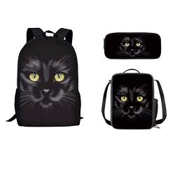 STUOARTE 3D Cat Face Print Schulrucksack Jungen Mädchen Kinder Leichtes Schulranzen-Set Schülerrucksack, Isolierte Lunchbox und Federmäppchen 3-teiliges Set, Schwarz von STUOARTE