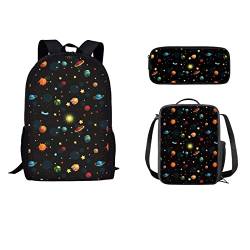 STUOARTE Cartoon Space Planet 3-teiliges Rucksack-Set Grundschule Schüler Büchertasche strapazierfähige Schultasche und Federmäppchen leichtes Schulrucksack-Set für Schüler Kinder Jungen Mädchen von STUOARTE