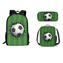 STUOARTE Jungen 3D Fußball Rucksäcke, leichter Schulterrucksack für Teenager, Kinder, Vorschule, Schüler, Rucksack, Schulrucksack-Set mit Lunchbox und Federmäppchen, 3-in-1 von STUOARTE