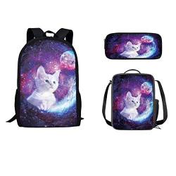 STUOARTE Kinder Galaxy Space Cat Rucksäcke für Jungen & Mädchen, Teenager, Jungen, Kinder, Schule, Büchertasche, Vorschule, Grundschultasche mit Lunchtasche und Federmäppchen, 3-in-1 von STUOARTE