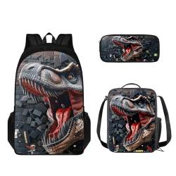 STUOARTE Kinder-Rucksack-Set, 3-teilig, Büchertaschen-Set mit Lunchtasche und Federmäppchen, leichte Schultasche für Jungen und Mädchen, 3D-Dinosaurier, Grau, Einheitsgröße, Schulranzen-Set von STUOARTE