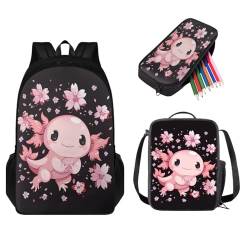 STUOARTE Kinder-Rucksack-Set, 3-teilig, Büchertaschen-Set mit Lunchtasche und Federmäppchen, leichte Schultasche für Jungen und Mädchen, Axolotl Kirschblüte - Schwarz und Rosa, Einheitsgröße, von STUOARTE