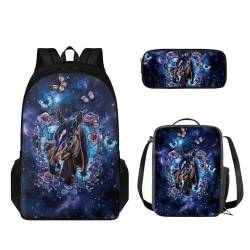 STUOARTE Kinder-Rucksack-Set, 3-teilig, Büchertaschen-Set mit Lunchtasche und Federmäppchen, leichte Schultasche für Jungen und Mädchen, Galaxie-Pferd, Blume, Schmetterling, Violett, Einheitsgröße, von STUOARTE