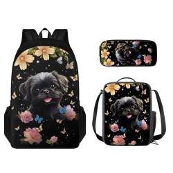 STUOARTE Kinder-Rucksack-Set, 3-teilig, Büchertaschen-Set mit Lunchtasche und Federmäppchen, leichte Schultasche für Jungen und Mädchen, Shih Tzu Blumenschmetterling, Schwarz, Einheitsgröße, von STUOARTE