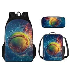 STUOARTE Kinder-Rucksack-Set, 3-teilig, Büchertaschen-Set mit Lunchtasche und Federmäppchen, leichte Schultasche für Jungen und Mädchen, Water Fire Softball, Blau und Orange, Einheitsgröße, von STUOARTE