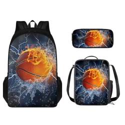 STUOARTE Kinder-Rucksack-Set, 3-teilig, große Kapazität, Schultasche, Lunchbox für Studenten, leichte Büchertasche, Federmäppchen, Wasser- und Feuer-Basketball, Blau und Orange, Einheitsgröße, von STUOARTE