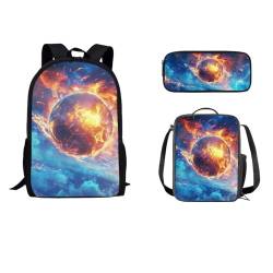 STUOARTE Kinder-Rucksack-Set mit Lunch-Tasche, Federmäppchen, leichte Schultasche für Kinder, Teenager, Jungen, 43,2 cm, Galaxy Fire Soccer – Blau und Orange, Einheitsgröße, Tagesrucksäcke von STUOARTE