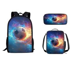 STUOARTE Kinder-Rucksack-Set mit Lunch-Tasche, Federmäppchen, leichte Schultasche für Kinder, Teenager, Jungen, 43,2 cm, Lightning Fire Fußball, Blau und Orange, Einheitsgröße, Rucksack, Rucksäcke von STUOARTE