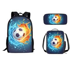 STUOARTE Kinder-Rucksack-Set mit Lunch-Tasche, Federmäppchen, leichte Schultasche für Kinder, Teenager, Jungen, 43,2 cm, Wasserfeuer-Fußball, Blau und Orange, Einheitsgröße, Reiserucksäcke von STUOARTE