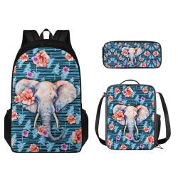 STUOARTE Kinder-Rucksack-Set mit Lunchbox und Bleistiftbox, Schüler-Büchertasche für Grundschule oder Kindergarten, Elefantenblume, gestreift, Blau, Einheitsgröße, Schulranzen-Set von STUOARTE