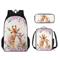 STUOARTE Kinder-Rucksack-Set mit Lunchbox und Bleistiftbox, Schüler-Büchertasche für Grundschule oder Kindergarten, Giraffenblume, Orange und Rosa, Einheitsgröße, Kinderrucksack von STUOARTE