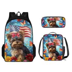 STUOARTE Kinder-Rucksack-Set mit Lunchbox und Bleistiftbox, Schüler-Büchertasche für Grundschule oder Kindergarten, Yorkshire Terrier, amerikanische Flagge, Blume, mehrfarbig, Einheitsgröße, von STUOARTE