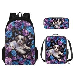 STUOARTE Kinder-Rucksack für Jungen und Mädchen, Büchertasche, 3-teiliges Schultaschen-Set mit Lunchtasche, Stiftebox, Shih Tzu Blumenschmetterling, Blau und Violett, Einheitsgröße, Kinderrucksack von STUOARTE