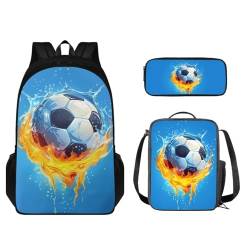 STUOARTE Kinder-Rucksack für Jungen und Mädchen, Büchertasche, 3-teiliges Schultaschen-Set mit Lunchtasche, Stiftebox, Wasser- und Feuerfußball, Blau und Orange, Einheitsgröße, Kinderrucksack von STUOARTE