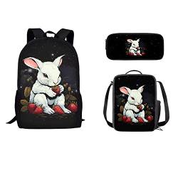 STUOARTE Kinder-Rucksack mit Kaninchen-Motiv, Erdbeere, für Jungen und Mädchen, leichte Schul-Büchertasche, Vorschule, Grundschultasche mit Lunchtasche und Federmäppchen von STUOARTE